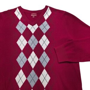 Merona‎ Mens XL Argyle V Neck Sweater Red 100% Merino Wool Grandpa